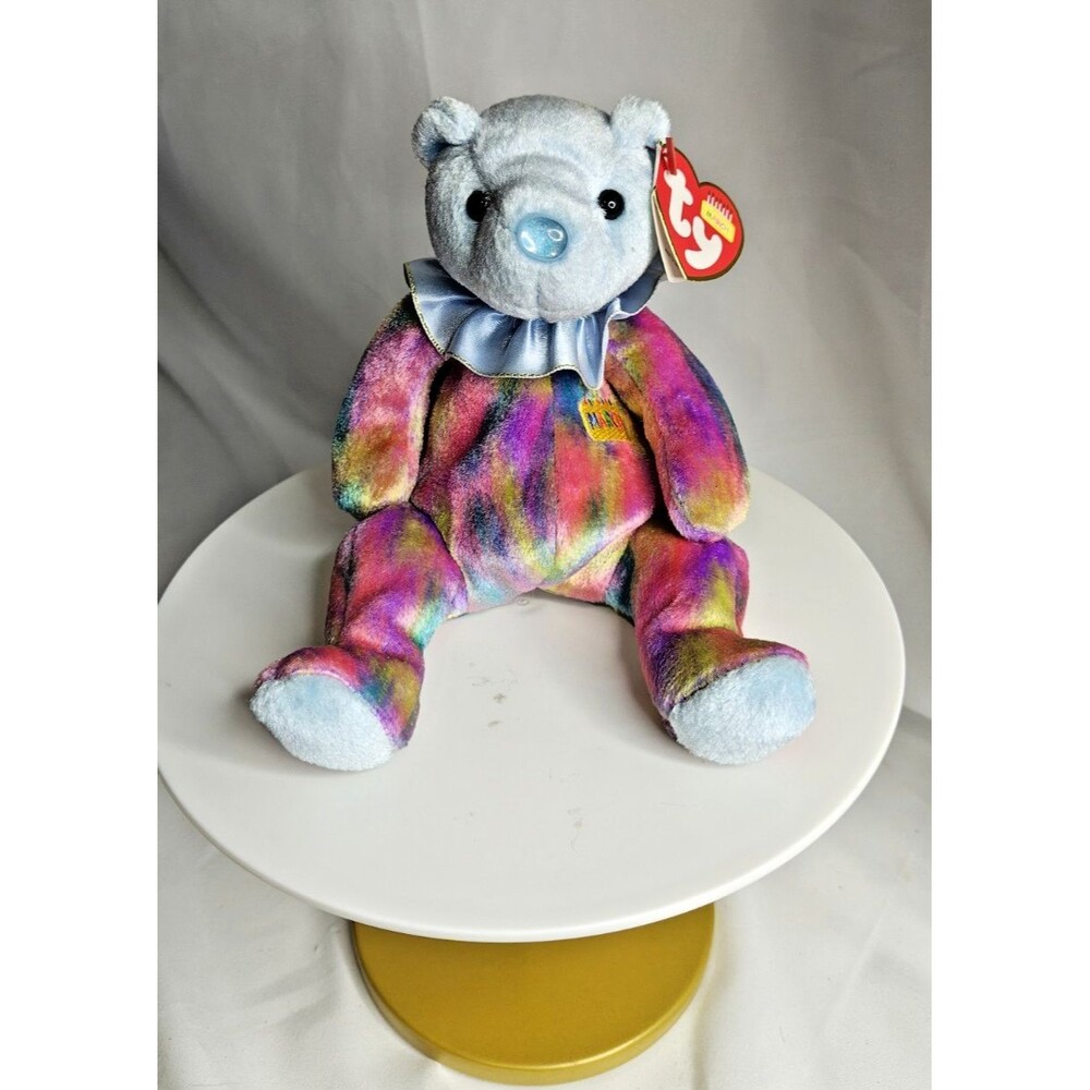 Retired Ty Beanie Babies Happy Birthday Bear With Neck Ruffle -March with Tag